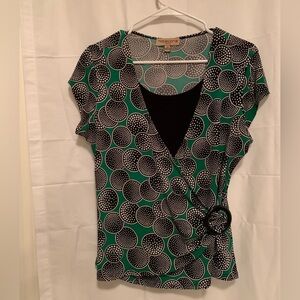 Notations Green and Black V-Neck Cap Sleeve Wrap Blouse